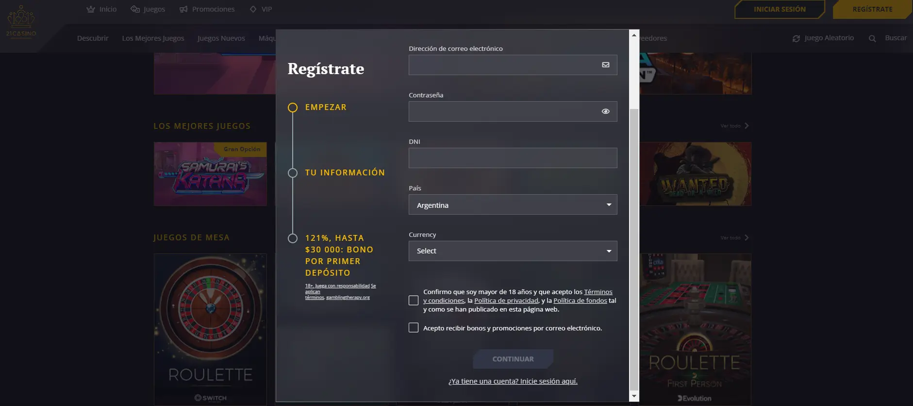 Registro en 21Casino